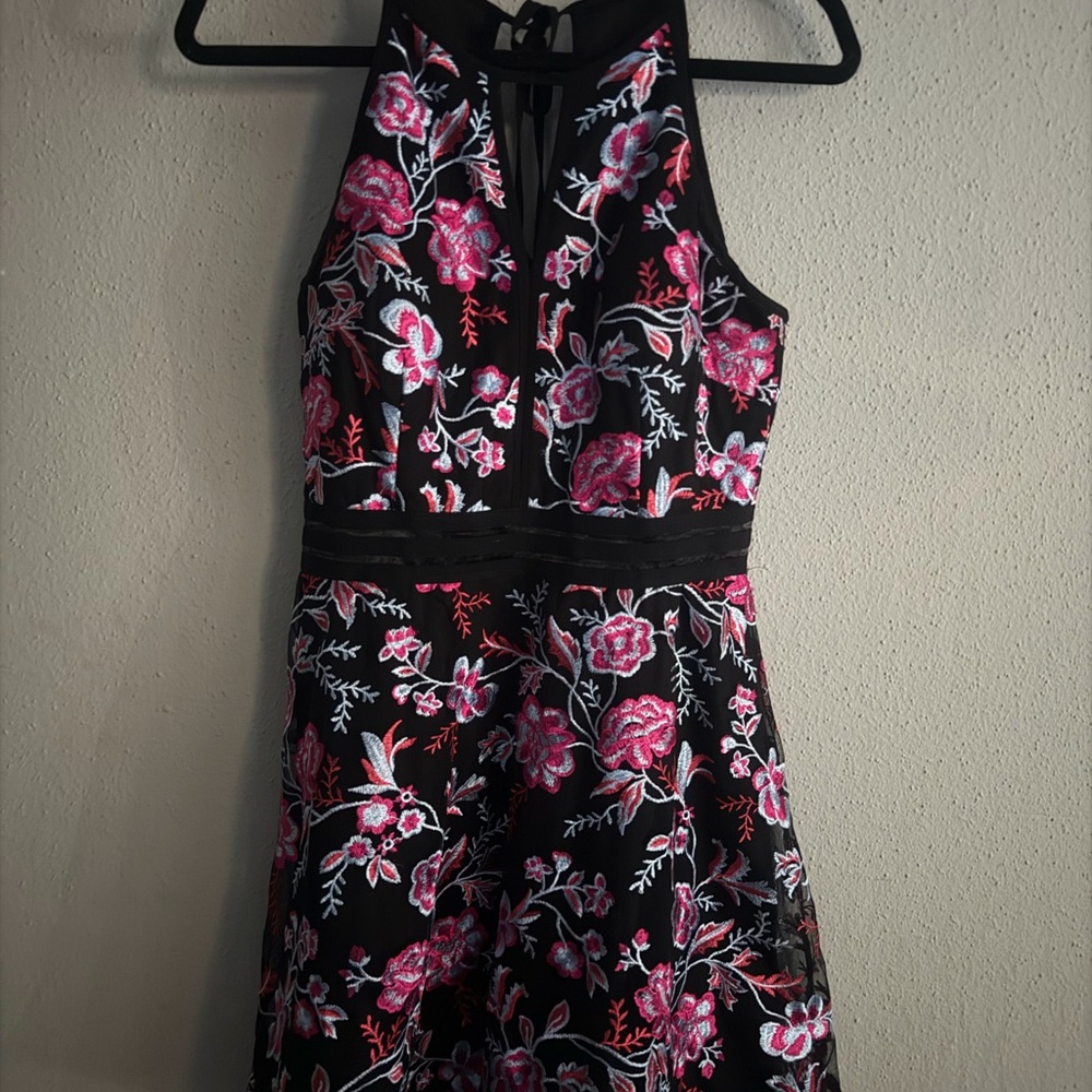 by & by Black Dress with Pink and White Embroidery